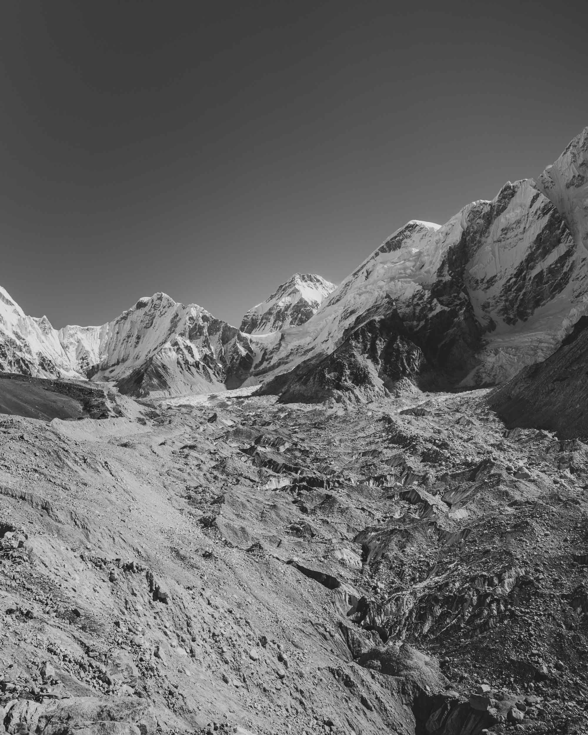 the khumbu region and glacier in black and white